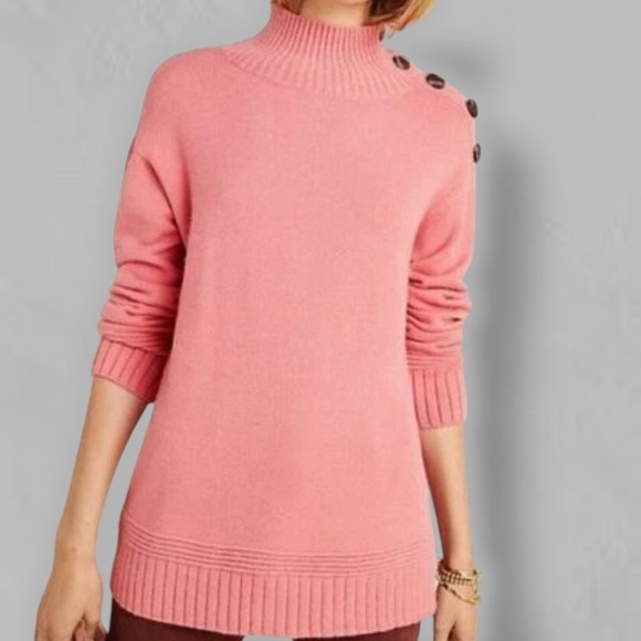 By Anthropologie ‘Margarita’ Button-Up Shoulder Tunic Sweater in Pink Sz XS - Picture 2 of 13